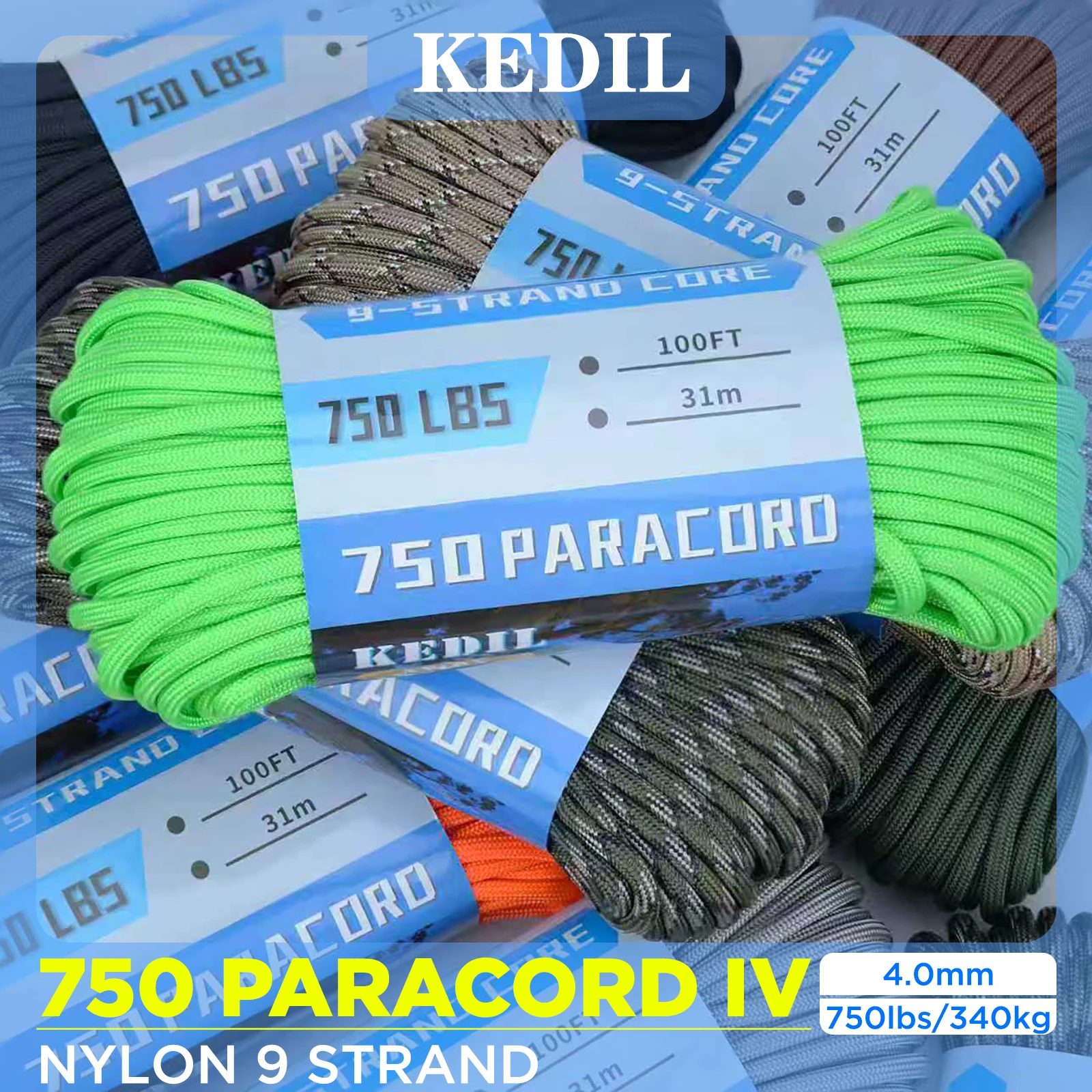 Cuerda de Paracord de nailon de 9 núcleos, 750lb, 15/31m de diámetro, 4mm, cuerda de paracaídas de supervivencia táctica militar para pulsera DIY, tienda con cordón para exteriores