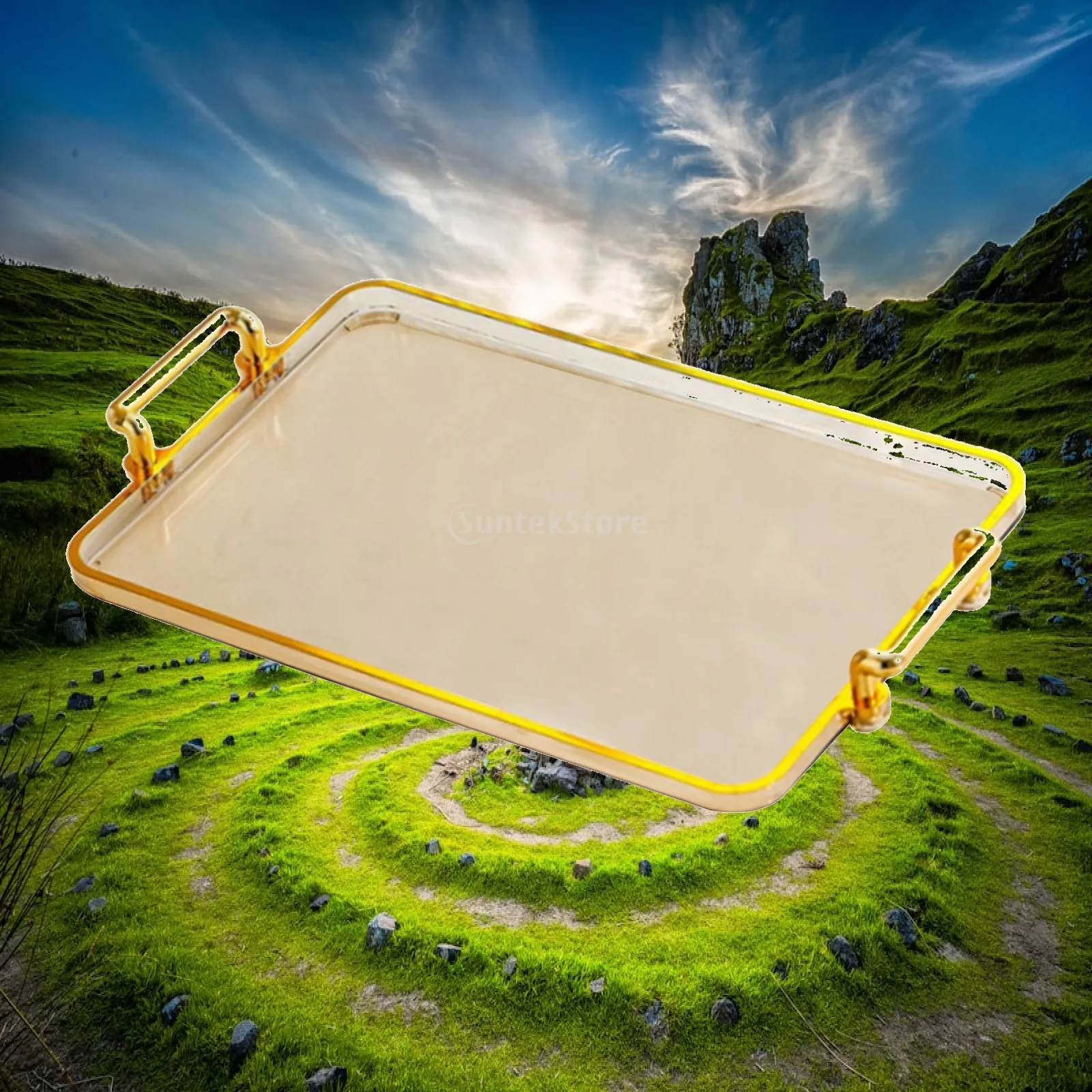 Rectangular Serving Tray with Gold Handles for Home Decor Cosmetic Storage Multipurpose Ottoman Table Tray