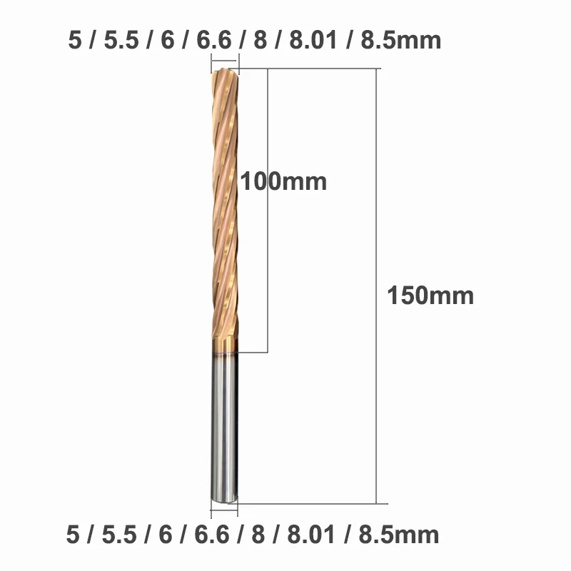 Customized Diameter  5mm 5.5mm 6mm 6.6mm 7mm 8mm 8.01mm H6 Tolerance Carbide Reamer HRC60 Straight Spiral Flute