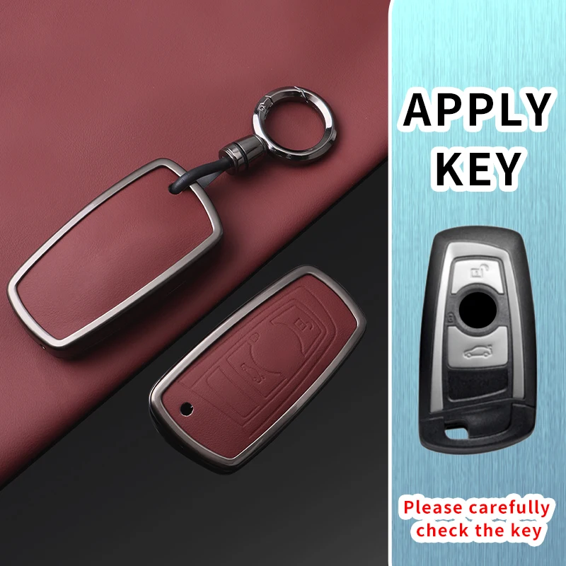 Zinc Alloy Leather Car Key Case for BMW Old Square Smart Key 3 5 7 Series X3 X4 X5 X6 Remote Key Cover with Lanyard Hook