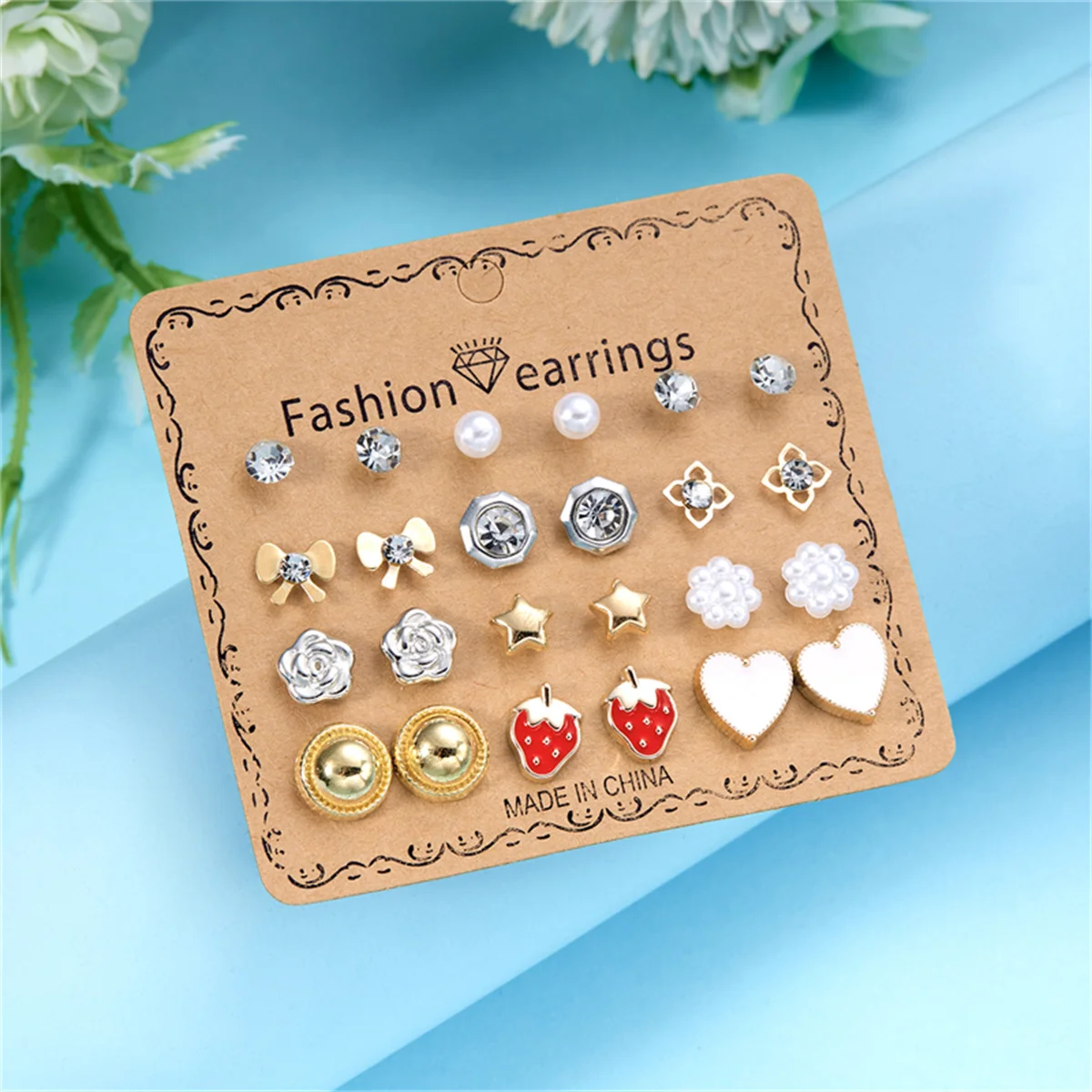 12Pairs/Set Trendy Love Heart Flower Stud Earrings For Women Vintage Zircon Imitation Pearl Star Butterfly Earring Party Jewelry