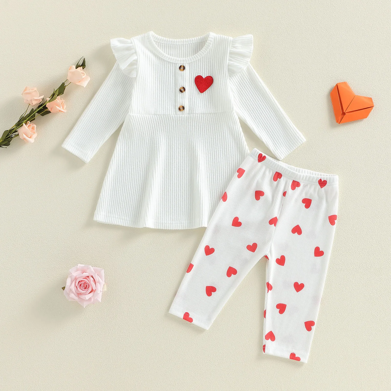 Toddler Baby Girl Valentines Outfit Love Heart Patch Embroidered Button Long Sleeve Tops and Pants 2 Pcs Set