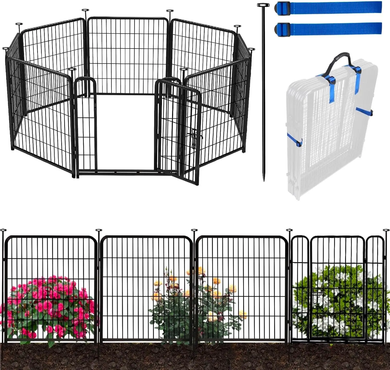 Tall Garden Fences and Borders for Dogs, Low Threshold Door, 48 in(H) 8 Panels Total 18 Ft(L) Dog Fences for The Yard