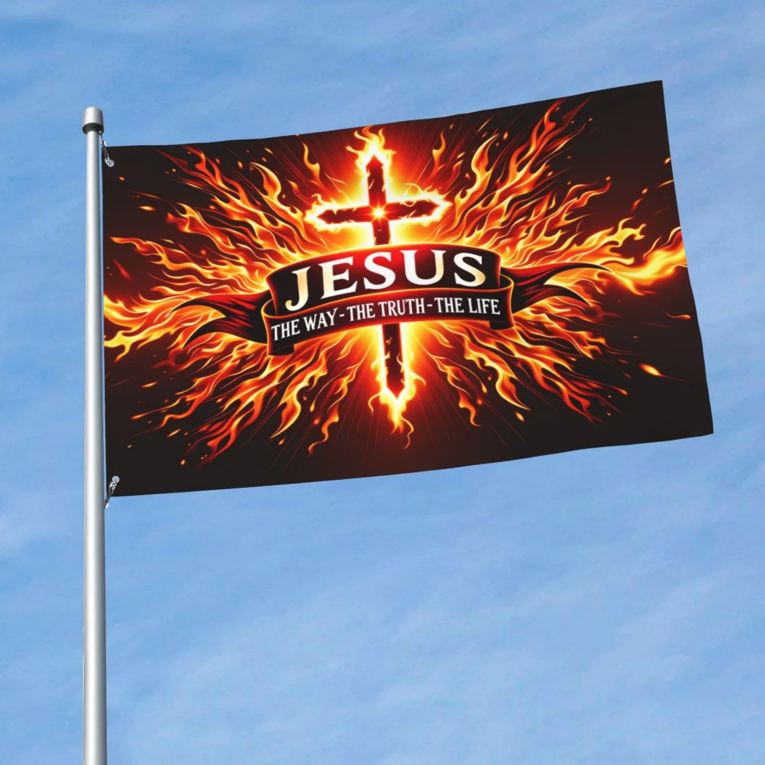 Jesus The Way The Truth The Life Fire Cross Flag Christian Outdoor Yard Decor Banner