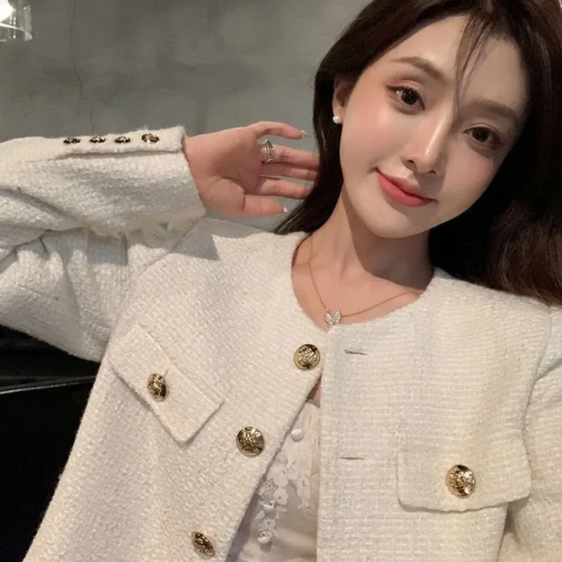 

Elegant Buttons Long Sleeve Sweet Coat Casual O Neck Fashion Loose Fall Winter Top Simple Solid England Tweed Jacket Women