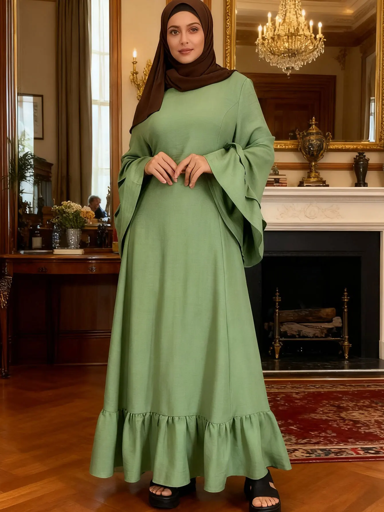 

Модное женское мусульманское платье с расклешенными рукавами и оборками, Абая Ид Джеллаба, Рамадан, Дубай, Абая, Турция, кафтан, исламская одежда, Джалабия