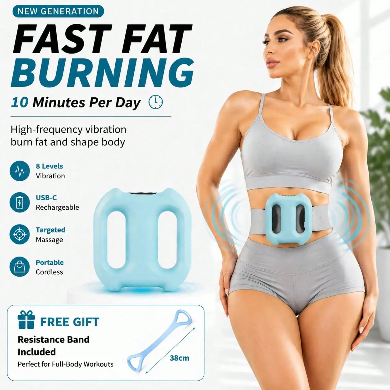 Electric Fascia Ring Massager – Double-Ring Body Shaping & Muscle Relaxation Tool With Adjustable Belt And Free Yoga Resistance Band | Home Exercise Equipment For Waist, Abdomen, Arms, Legs & Full Body Recovery, 8 Modes