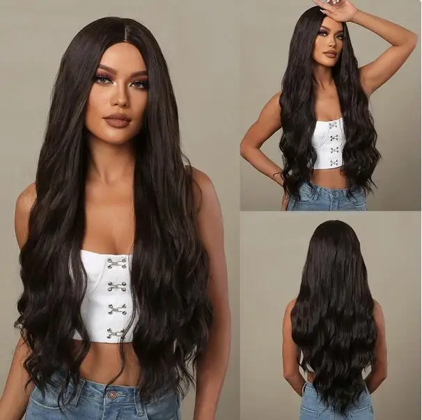 

Long Water Wave Synthetic Wigs for Women Dark Brown Natural Wig Middle Part Wavy Cosplay Hair Wig Heat Resistant Fiber