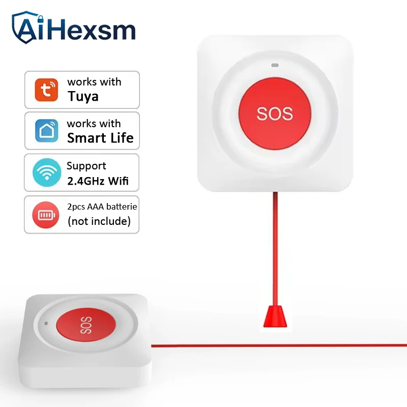 Tuya WiFi SOS Button Easy pull rope 1 Key Emergency Call Kids Elderly Patient Home Security Alarm Smart Life APP Remote Control