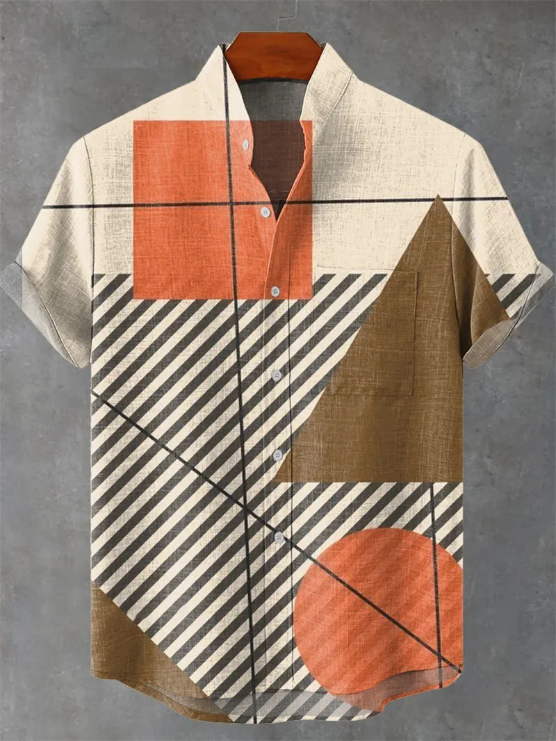 2025 Men's Summer Linen New Geometric Line Pattern Linen Short Sleeved Shirt For Comfortable And Casual men's Top