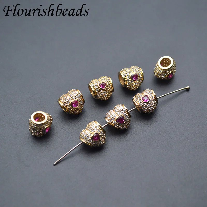 10pc 10mm 18k Gold Plated Garnet Color CZ Heart Shape Big Hole Metal Spacer Beads for DIY Bracelet Jewelry Making