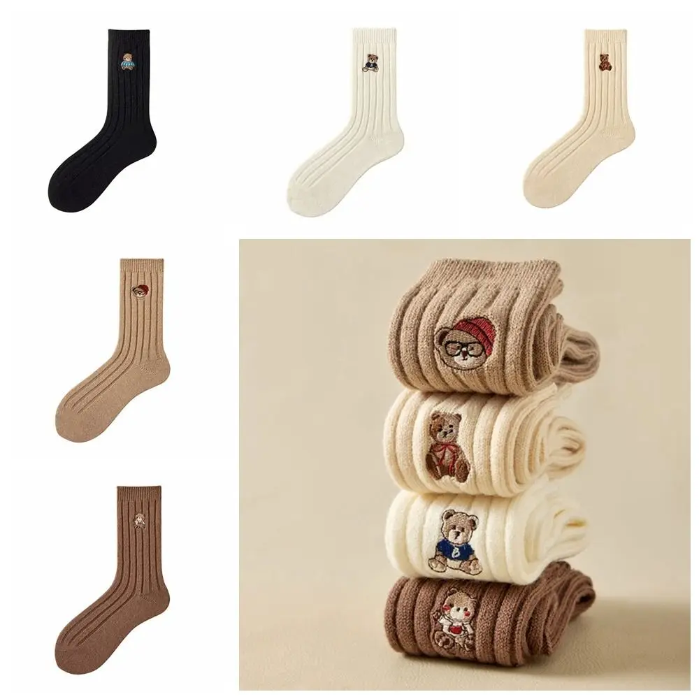 

Female Hosiery Embroidered Little Bear Socks Lolita Middle Tube Socks Middle Tube Socks Solid Color JK Winter Calf Socks Student