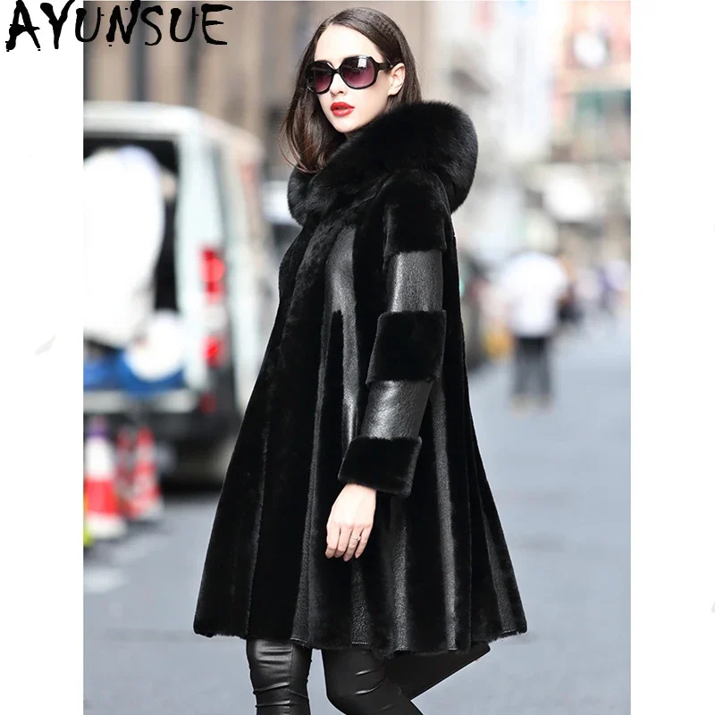 

AYUNSUE Winter Coat Women Double Faced Real Fur Coat Female Fox Fur Collar Real Leather Jacket Luxury Natural Wool Coats 4xl MY