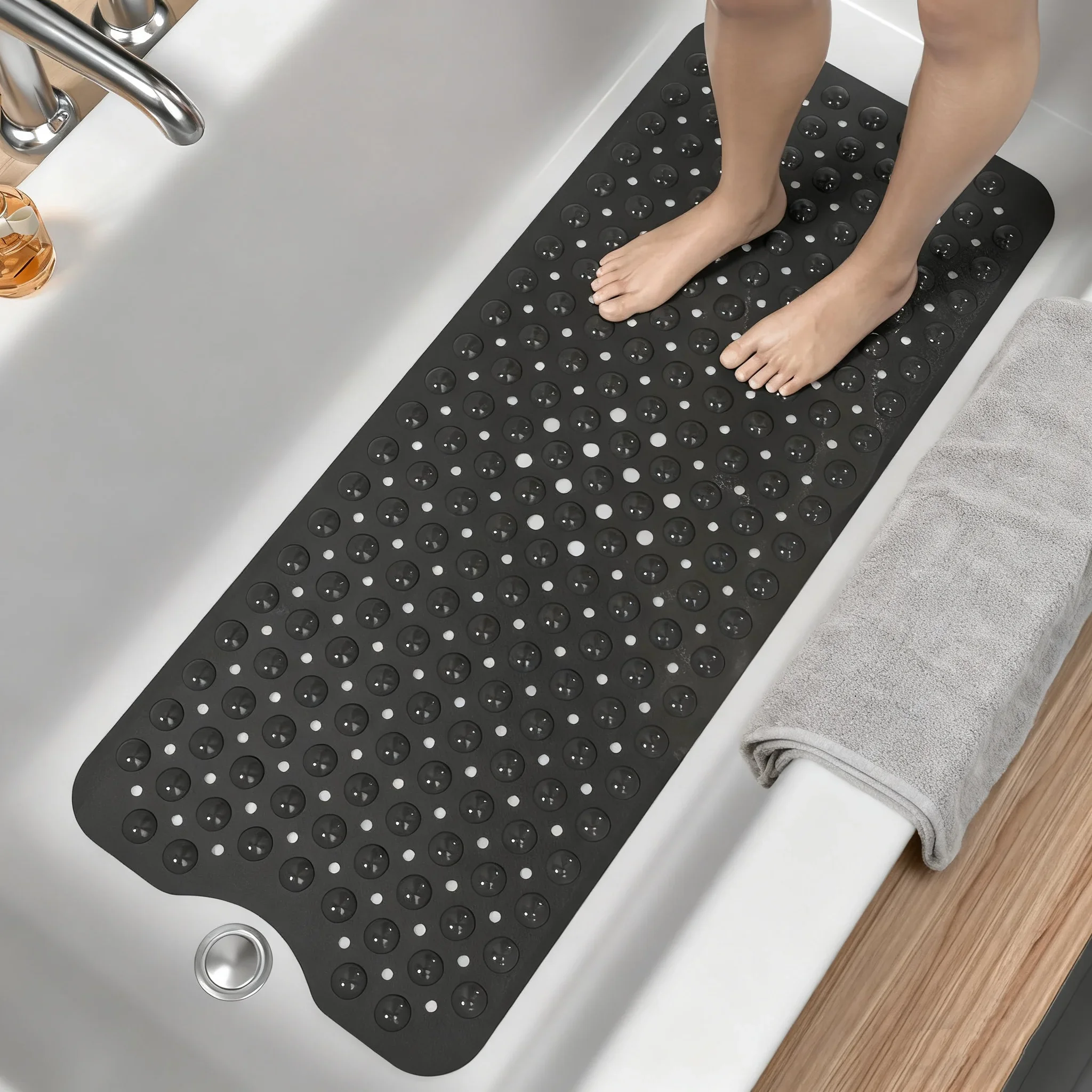 1pc Extra Long Bathtub Mat Non Slip 40x 16 Inch, Inside Shower Mats with Suction Cups & Drain Holes, Soft Safe Massage Bath Mat