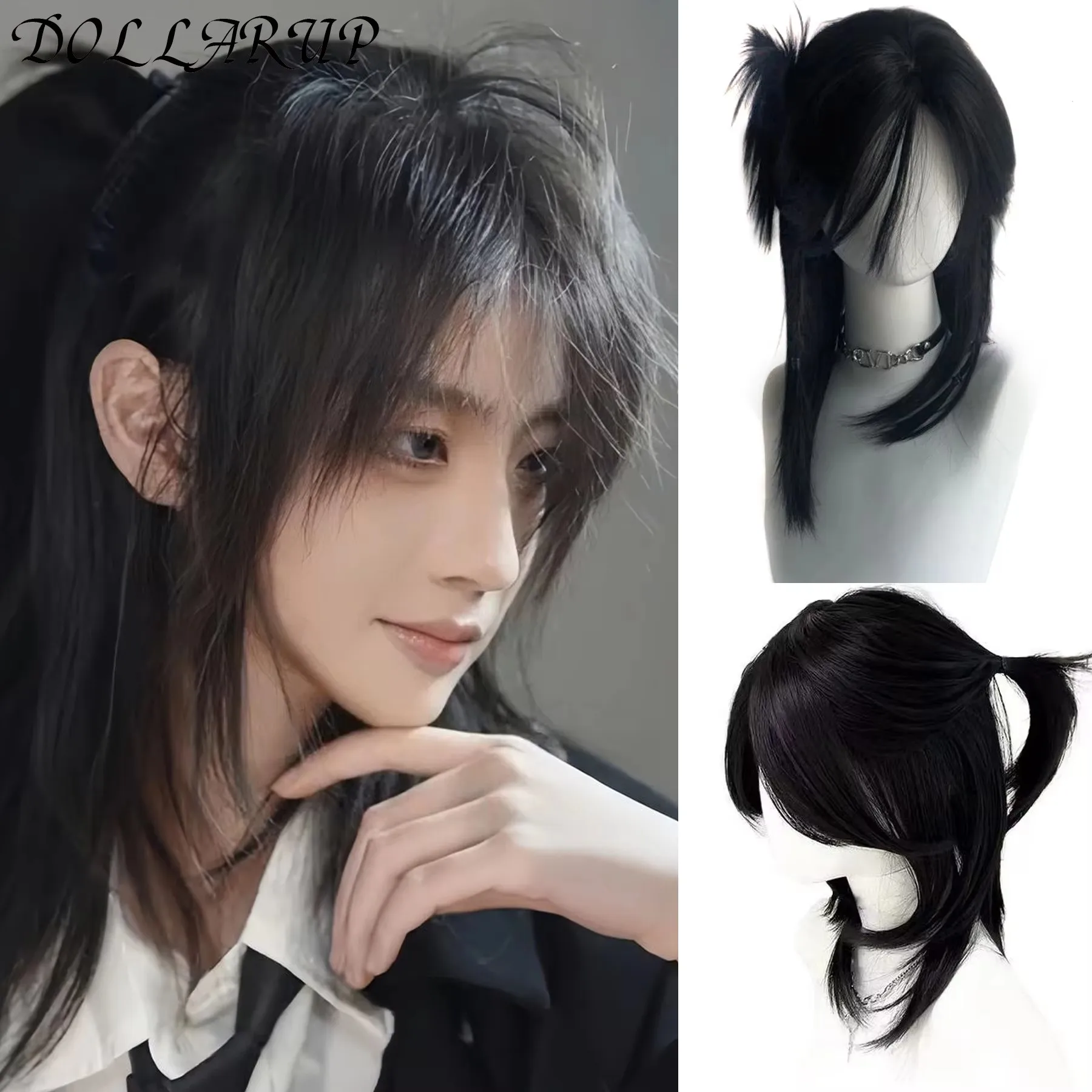 

JKL Short Mullet Head Wigs with Bangs Synthetic Straight Anime Men Black Gray Green Hair Wig for Daily Party Cosplay