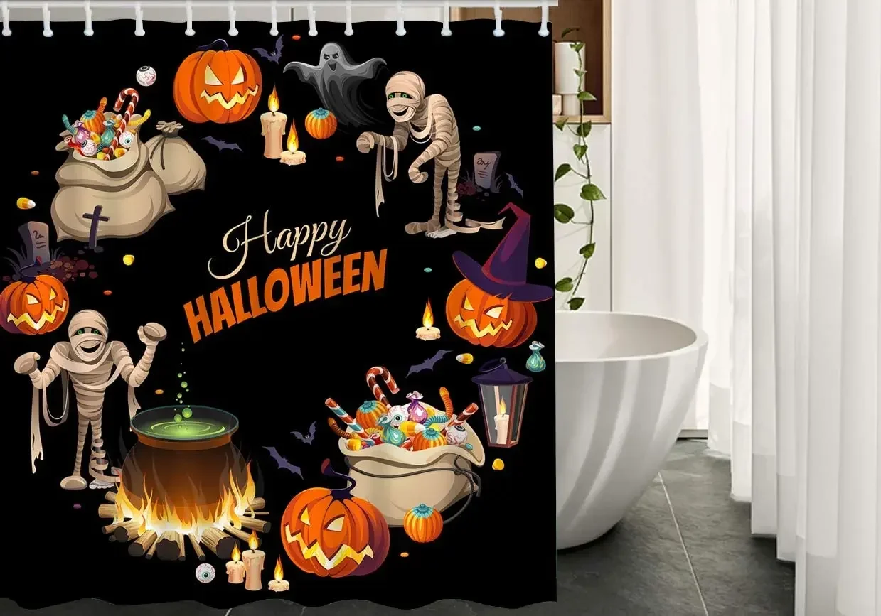 Halloween Shower Curtain By Ho Me Lili With Hooks Mummy Candy Potion Grave Ghost Pumpkin Scary Party Bat Witch For Bathtubs