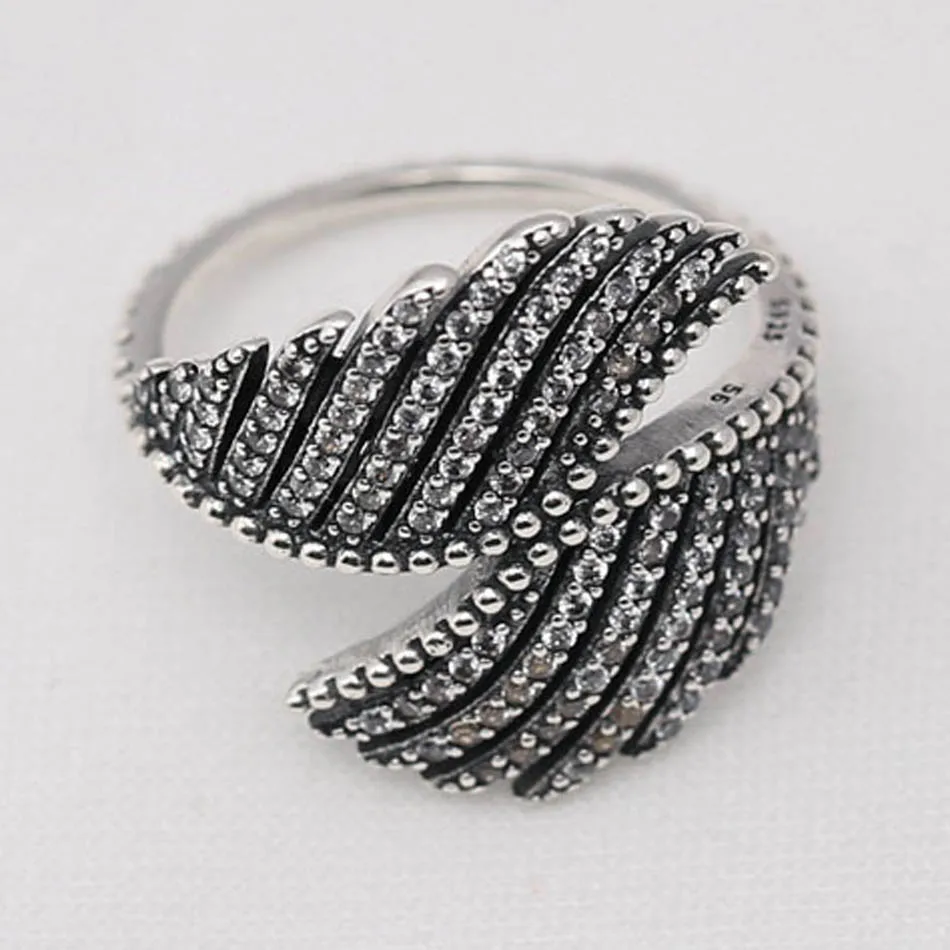 Majestic Feathers With Crystal Ring For Women Authentic S925 Sterling Silver Lady Jewelry Girl Birthday Gift