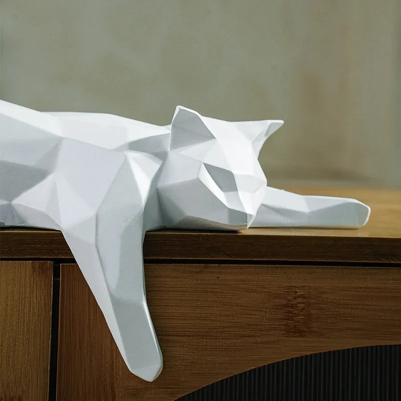 Geometric Black White Cat Statue, Modern Lying Cat Figurine Sculpture, Home Office Table Shelf Desk Decor, Cute Pet Lover Gift