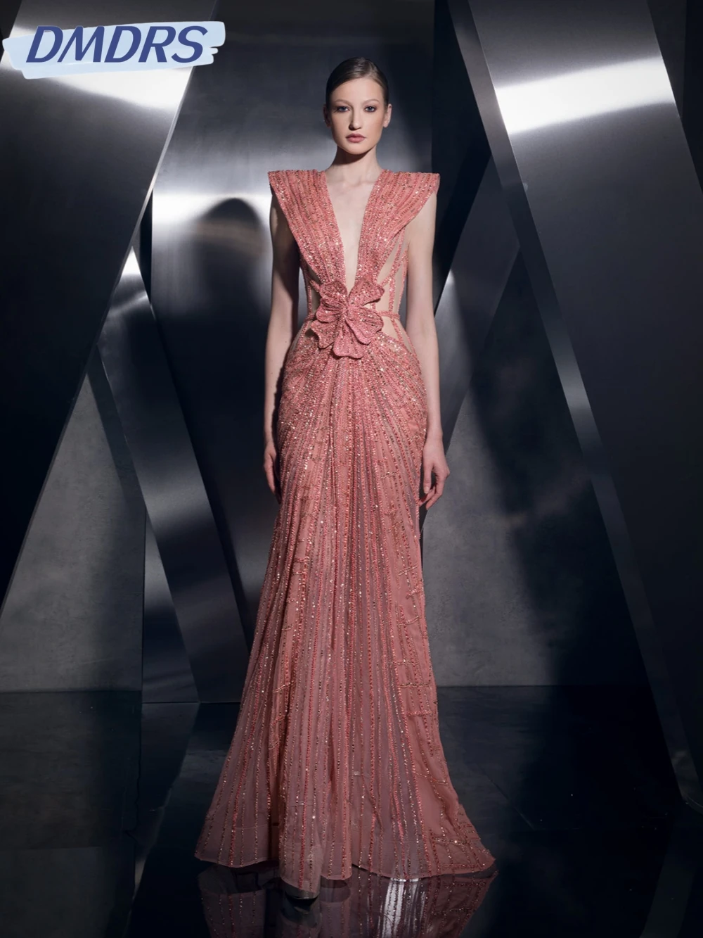 

Heavy Beaded Illusion Mermaid Long Evening Dress Exquisite Sexy Deep V-neck Wedding Party Gown Customized 3D Flower Prom Dresses