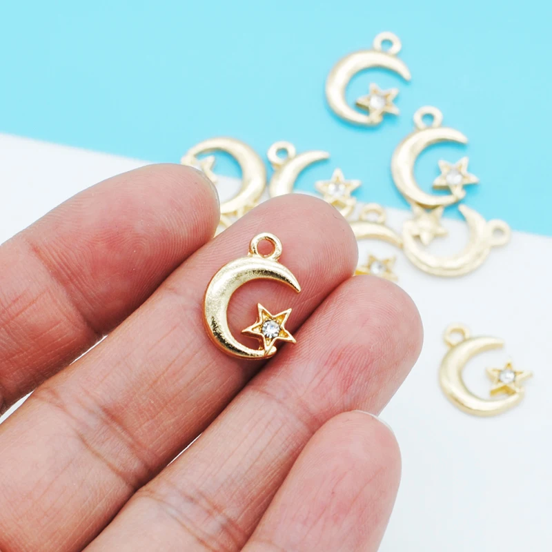 30PCS/Lot New Fashion Jewelry KC Gold Color Tone Moon&Star With Rhinestone Charm For DIY Jewelry Making Earring Accessories