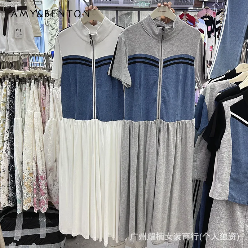 

New American Fashion Denim Splicing Versatile Short Sleeved Stand Collar Long Maxi Dress For Women's Summer Casual Loose Dresses