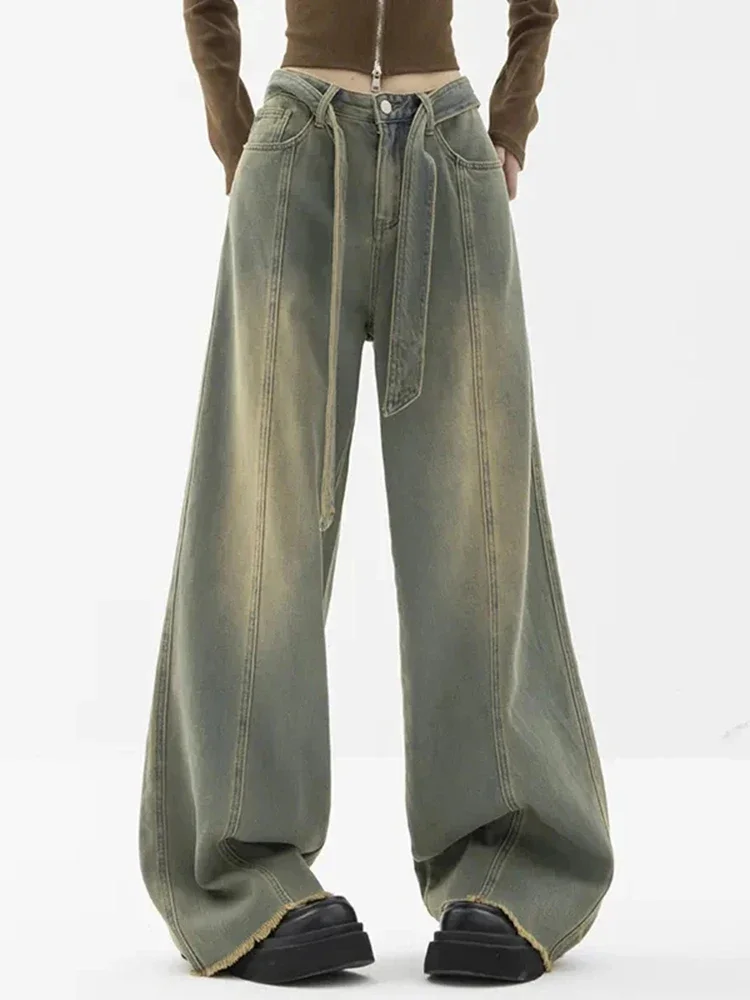 Y2K Vintage Loose Ragged Edge Jeans Women Summer Fashion Lace Up High Waist Denim Trousers Harajuku Casual Women's Straight Pant