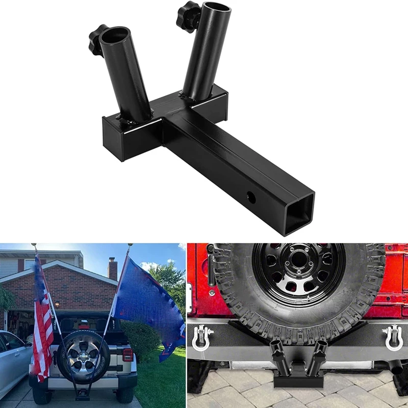 Universal Hitch Mount Dual Flag Pole Holder For Jeep SUV RV Pickup, 2 Inch Hitch Receivers With Anti-Wobble Screw