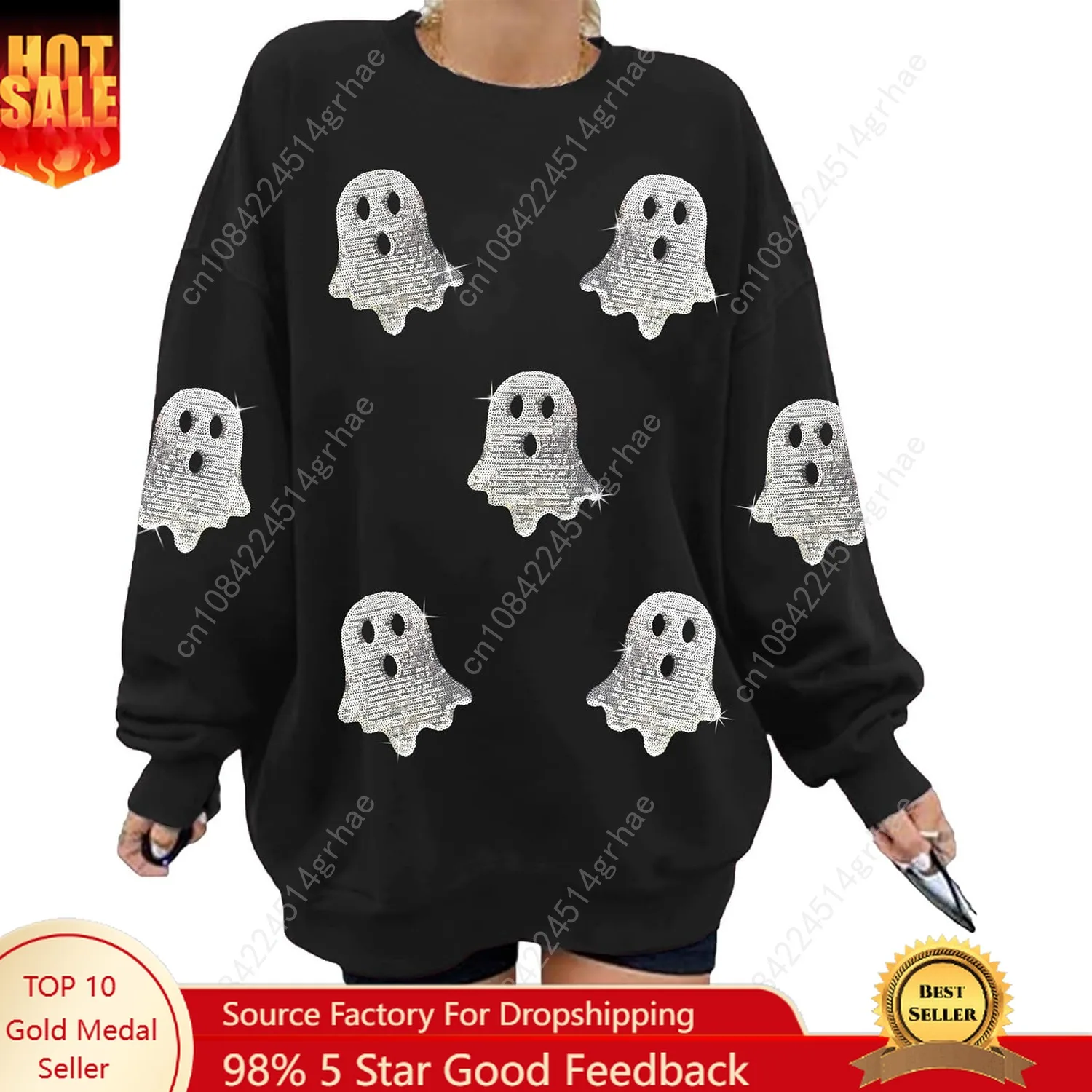 

Halloween Sweatshirts for Women Sequin Ghost Long Sleeve Shirt Oversized Spooky Season Pullover Tops