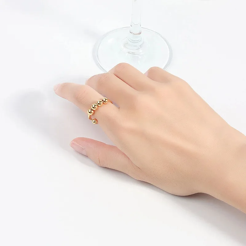 INS Style Spinning Balls Beads Ring Women Open Adjustable Finger Rings Stainless Steel Rotating Freely Anti Stress Jewelry