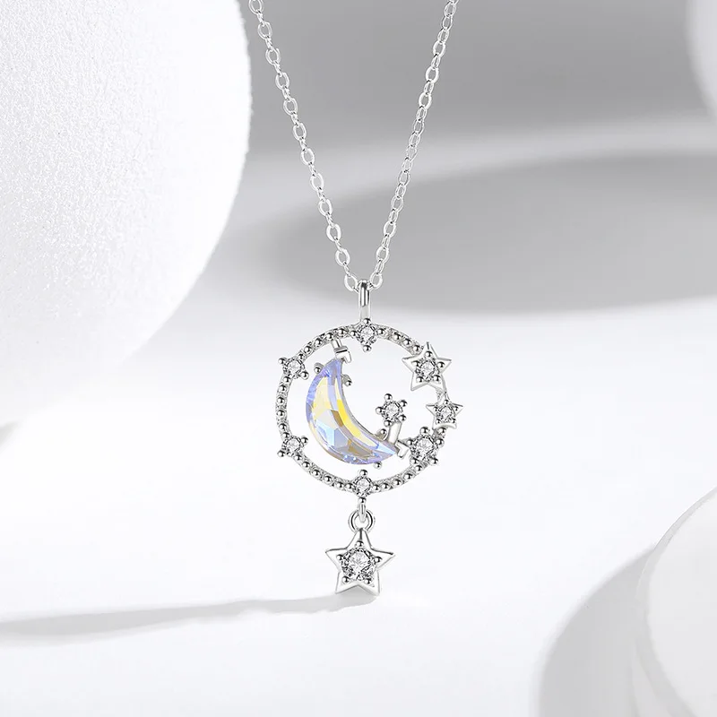 Authentic 925 Sterling Silver Clusters Of Stars Moon Crystal Pendant Chain Necklaces For Girl Women Wedding Party Jewelry Gift
