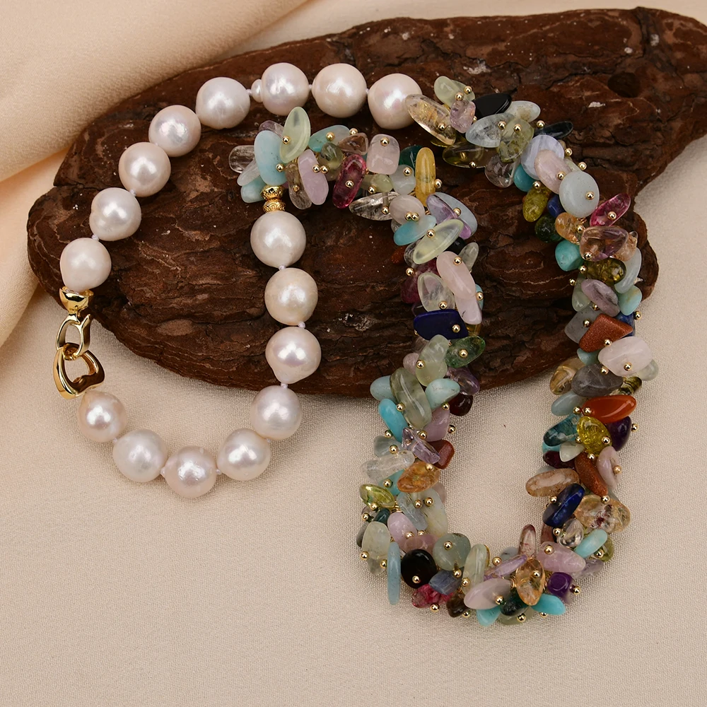 G-G Big White Keshi Pearl Natural Mix Gems Stone Chokers Necklace 19\'\'