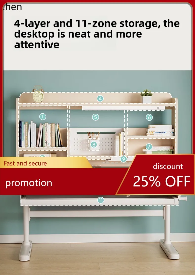 CZ Study Desk for Elementary School Students, Adjustable Height, Solid Wood, Adjustable Writing Desk, Home Desk Set