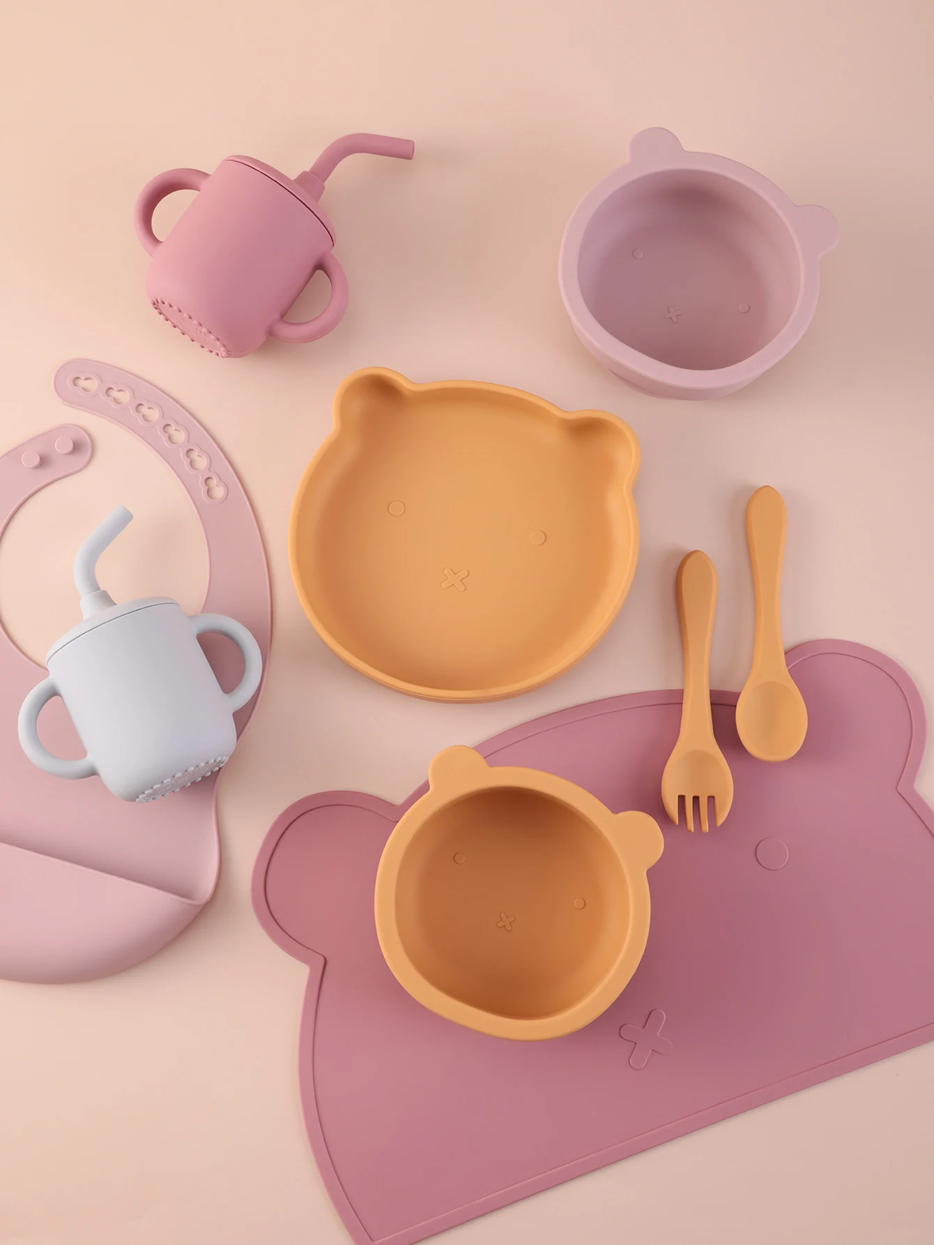 7PCS Baby Silicone Self Feeding Tableware Set Suction Plate Bowl Straw Cup Placemat Bib And Spoon Fork Toddler Eating Supplies
