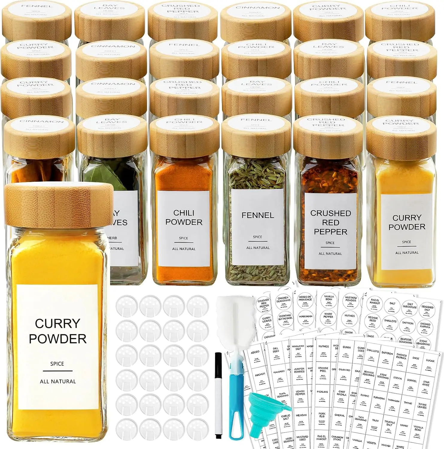 Glass Spice‑Jars With Bamboo Lids, Includes 398 Labels, Perfect for Cabinet & Drawer Seasoning Organization