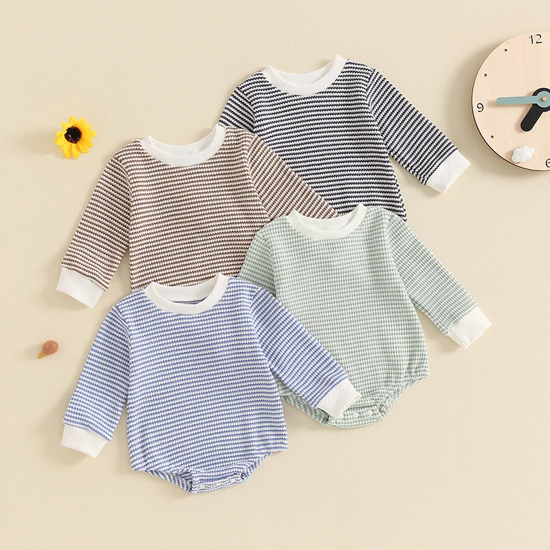 

2024-05-15 Lioraitiin Toddler Waffle Sweatshirt Romper Casual Stripe Print Baby Long Sleeve Jumpsuit for Girl Boy Cute Clothes