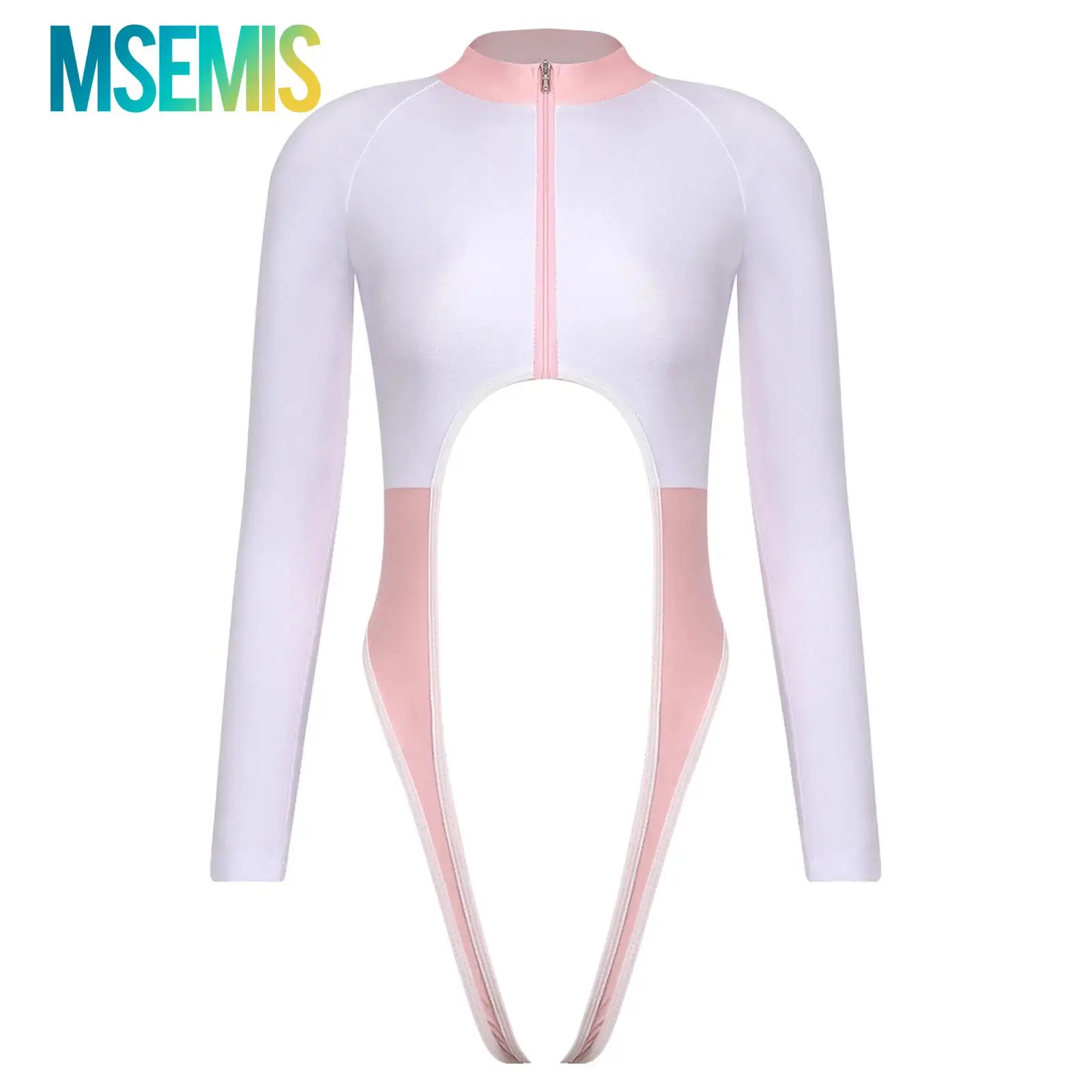 Womens One Piece Swimsuit Schoolgirl Swimwear Anime Bodysuit Long Sleeve Front Zipper Cutout Open-crotch Bathing Suit Jumpsuit