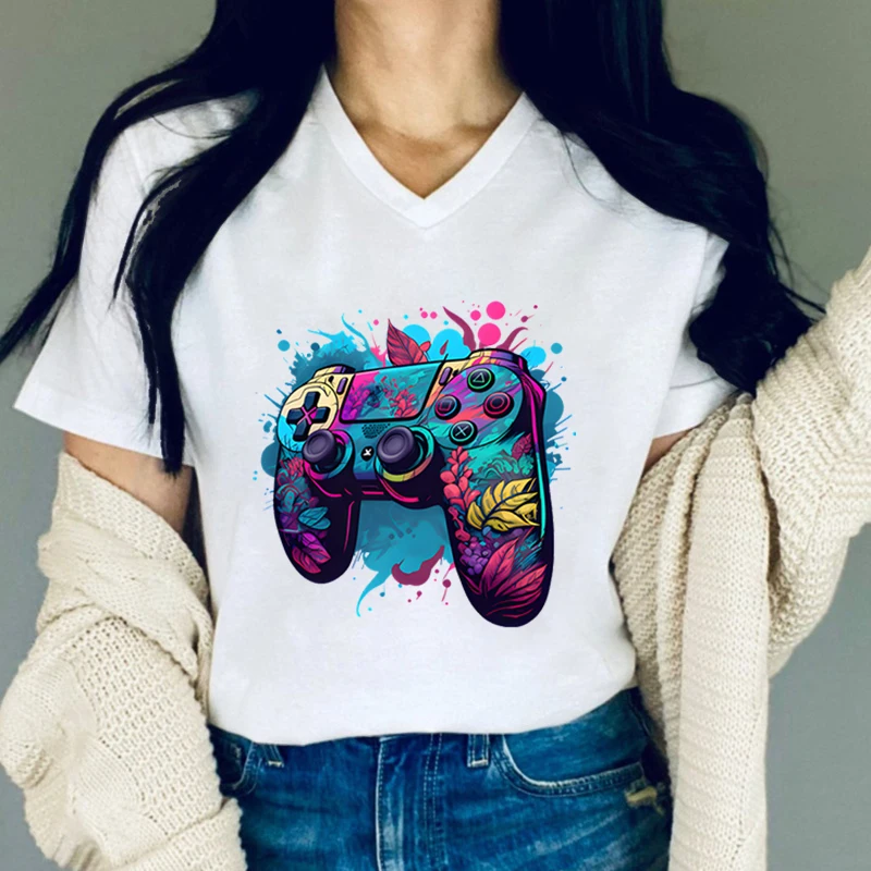 

Watercolor Style Video Games V Neck T Shirt Women Summer Short Sleeve T-Shirts Female Casual Harajuku Games Brand Tops Tees