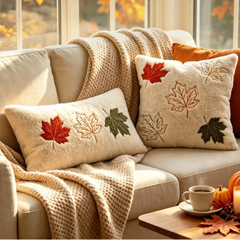 Halloween Maple Leaves Throw Pillow Covers 1/2pcs Set Thanksgiving Embroidered Home Party Fall Decor 30x50cm 45x45cm Ideal Gift