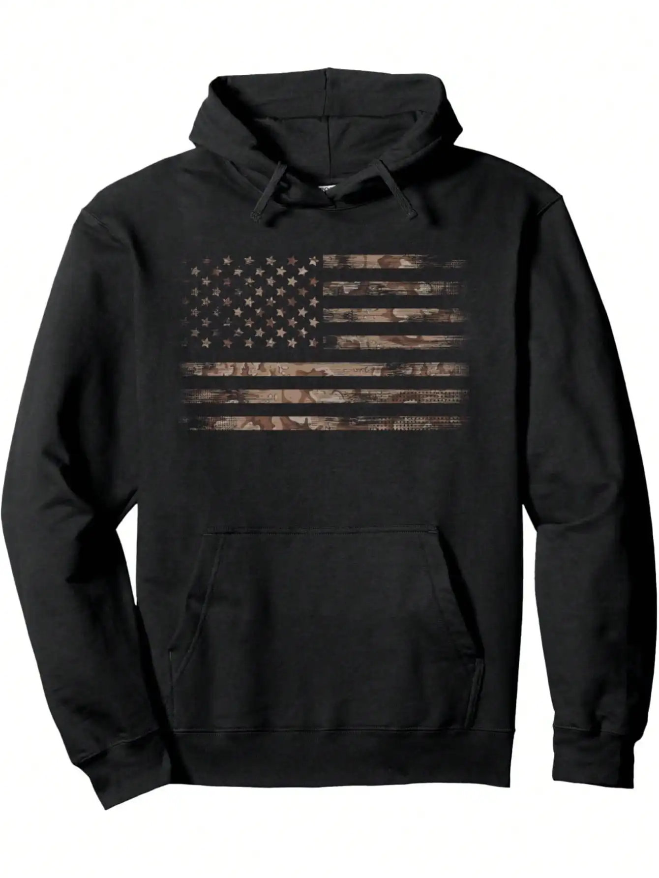 

Black Pullover Hoodie with Distressed Camo Flag Print - Casual Unisex Fit