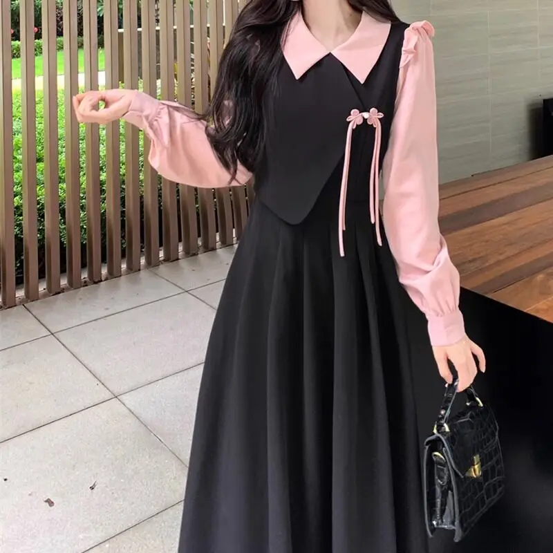 French Retro Patchwork Dress for Women's Spring and Summer New Collection Waist Cinching and Slimming Temperament Long Skirt