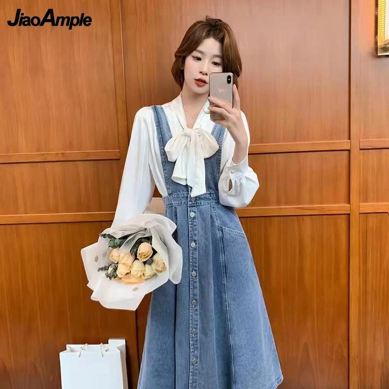 Women\'s Sweet Casual Two Pieces Dress Set 2022 Lady Graceful Peter Pan Collar White Shirt+Denim Overalls Skirts Suit Student