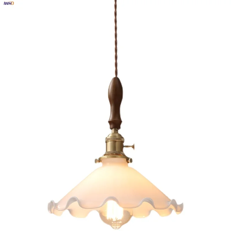 

IWHD Flower White Glass LED Pendant Lights Balcony Hallway Bar Copper Knob Switch Walnut Wood Nordic Modern Hang Lamp Hanglampen