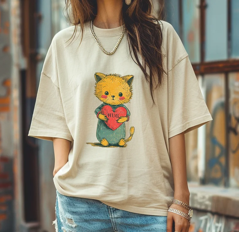 

Hug Y2K Lovely Cute Cat Washed Vintage Oversized T-shirt, Cartoon Unisex Short Sleeves Streetwear Round Neck Tops Plus-Size