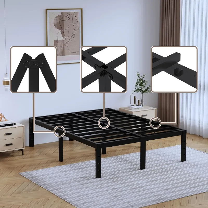 Queen-Size-Metall Bett rahmen 16 Zoll Hoch leistungs bett rahmen schwarz Basis Stahl Lamellen Plattform keine Box spring benötigt