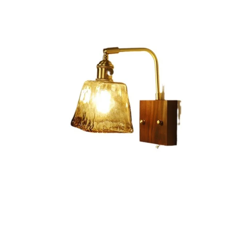 

Japanese retro simple wall lamp with switch American living room all copper wall lamp New Chinese walnut bedroom bedside lamp