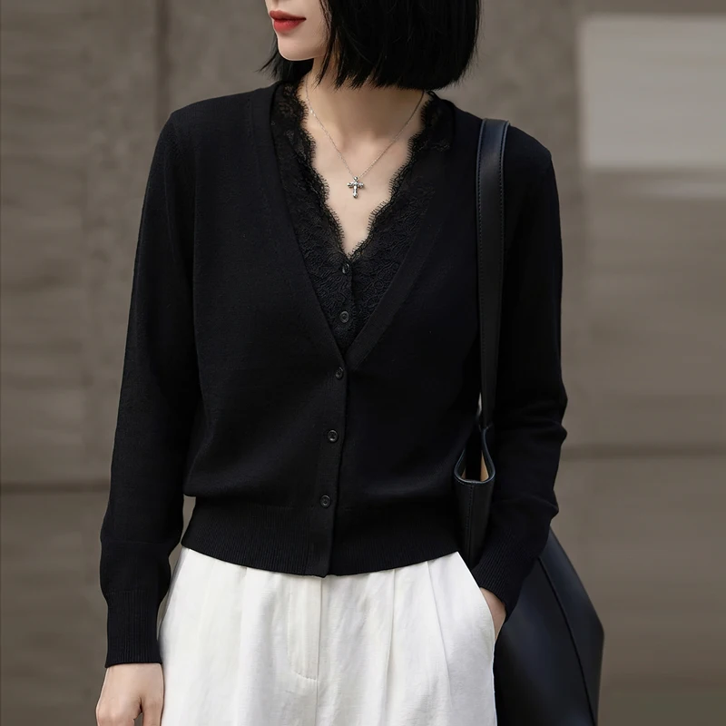 Imitation Two-Piece Set 2026 Autumn Winter New Women's Knitted Cardigan Loose Plus Long Sleeved Lace Patchwork Wool Versatiletop