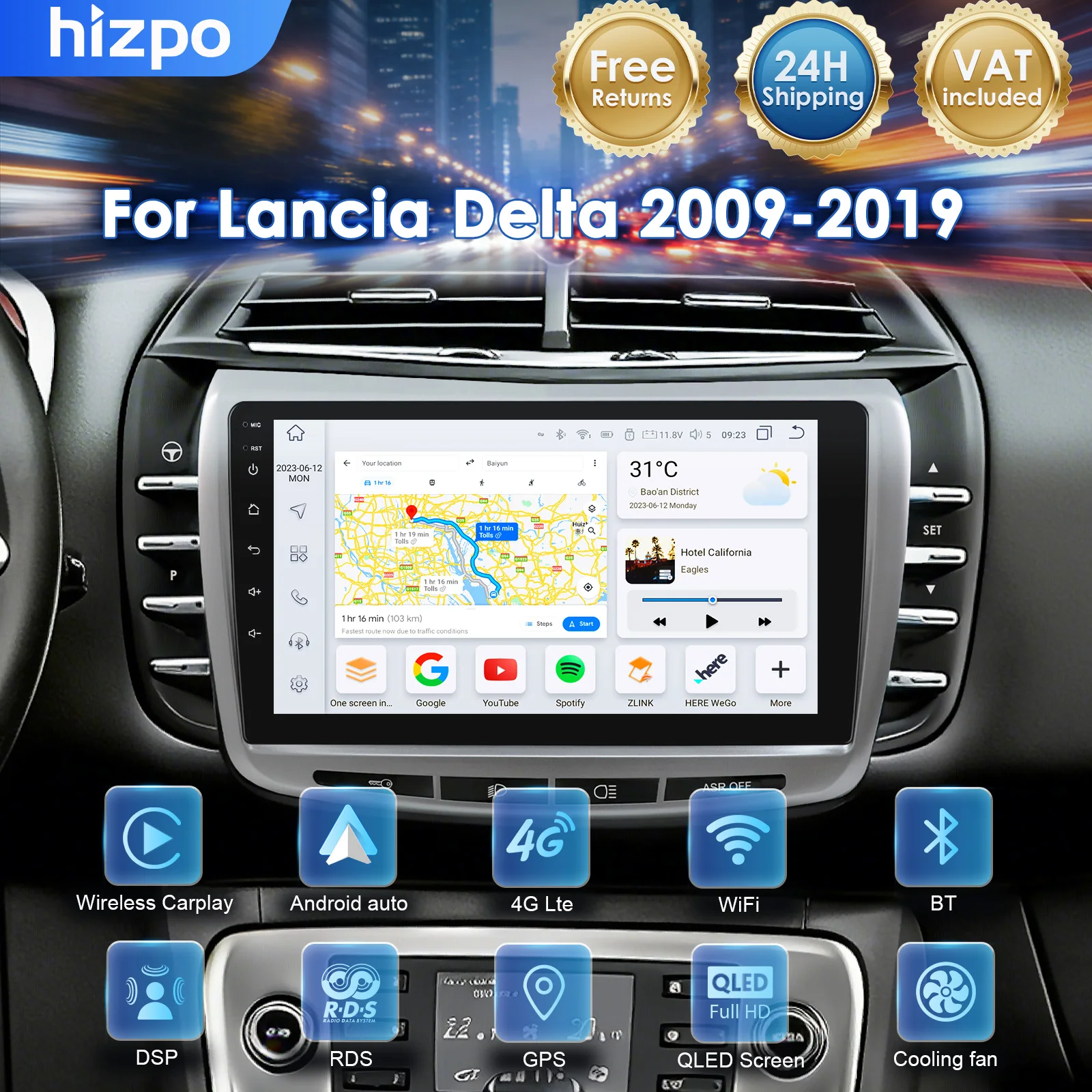 Hizpo Autoradio Android 14 con Carplay per Lancia Delta 2009-2019, Lettore Multimediale Auto, Navigatore GPS, Schermo Touch 4G, NO 2Din DVD