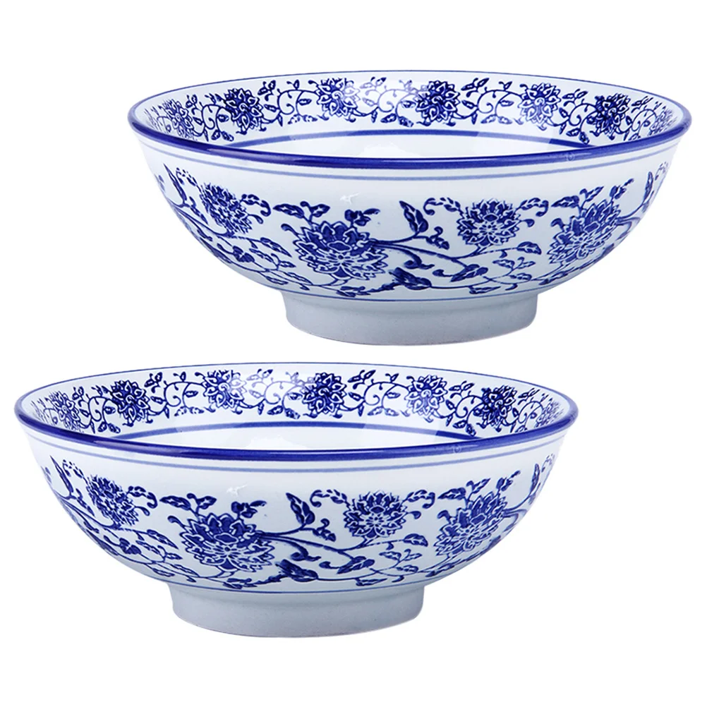 

2Pcs Blue and White Porcelain Bowl Ceramic Soup Noodle Salad Retro Style Home Restaurant Long Lasting Gift