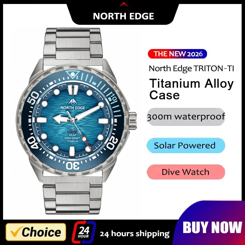 NORTH EDGE TRITON-TI Titanium Stainless Solar-Powered Diving Watch Luxury Quartz Watches For Men 300M Waterproof 180+ Day Power