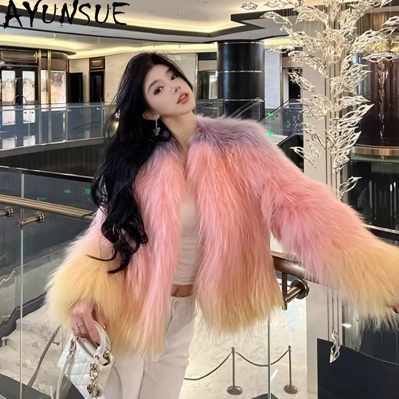 AYUNSUE Płaszcz z futra szopa pracza Damski Kolorowe Okrycie Wierzchnie Długi Rękaw Ciepłe Płaszcze Futrzane Luksusowa Odzież Damska Zimowy Manteau Femme